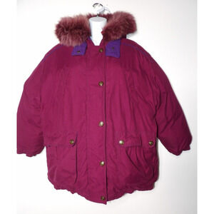 Vintage American Bazaar Jacket Medium Down Puffer Burgundy Faux Fur 80s 90s